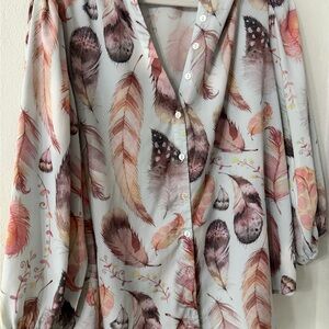 Zele Feather Print Blouse - Pink and Brown